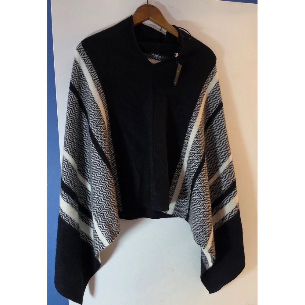 Charter Club Luxury 100% Cashmere Poncho Wrap Black White Herringbone NWT